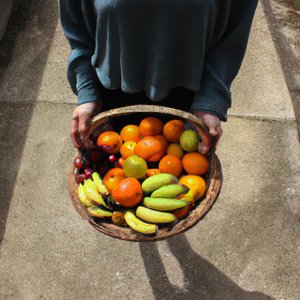 Person holding a basket of fruits
